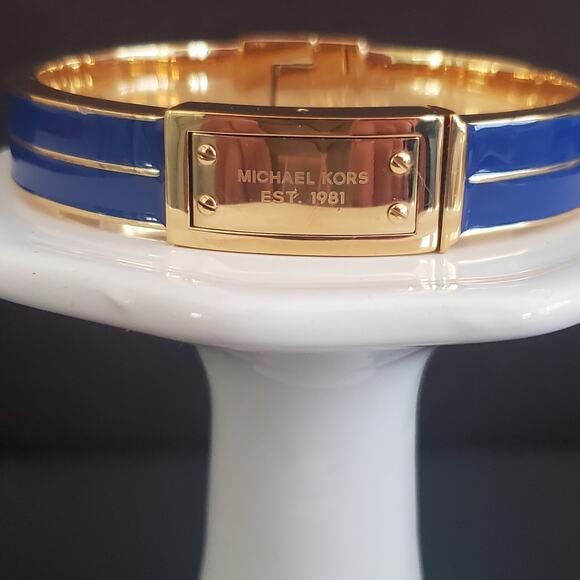 Michael Kors Jewelry - Michael Kors Logo Clasp Hinged Bangle Bracelet Blue Enamel and Gold Tone Signed